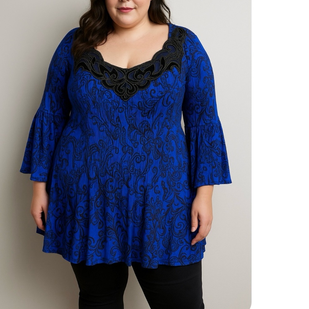 Catherines Blue Black Scroll Crinkle Pleated Crochet Georgette Blouse Size 5X